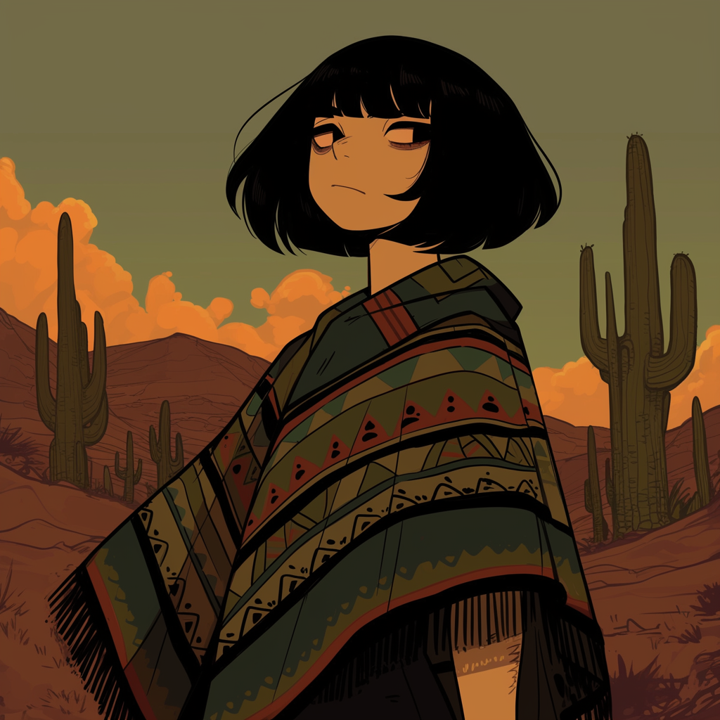 Mexican woman in poncho hiking in desert.