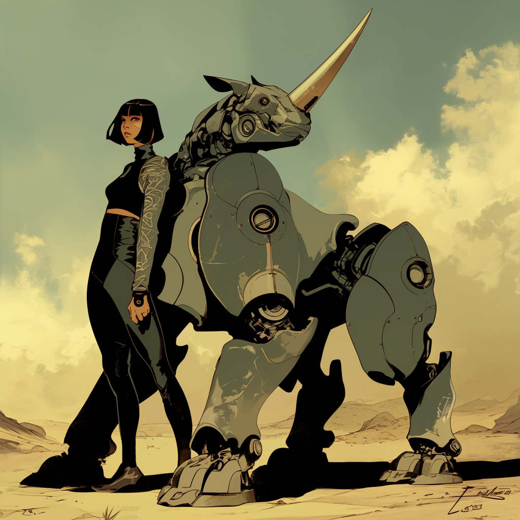 Mexican woman with bob haircut and rhinoceros robot.