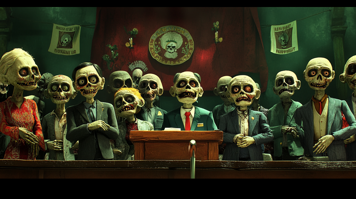 Mexican zombie politicians in vibrant clothing voting unanimously