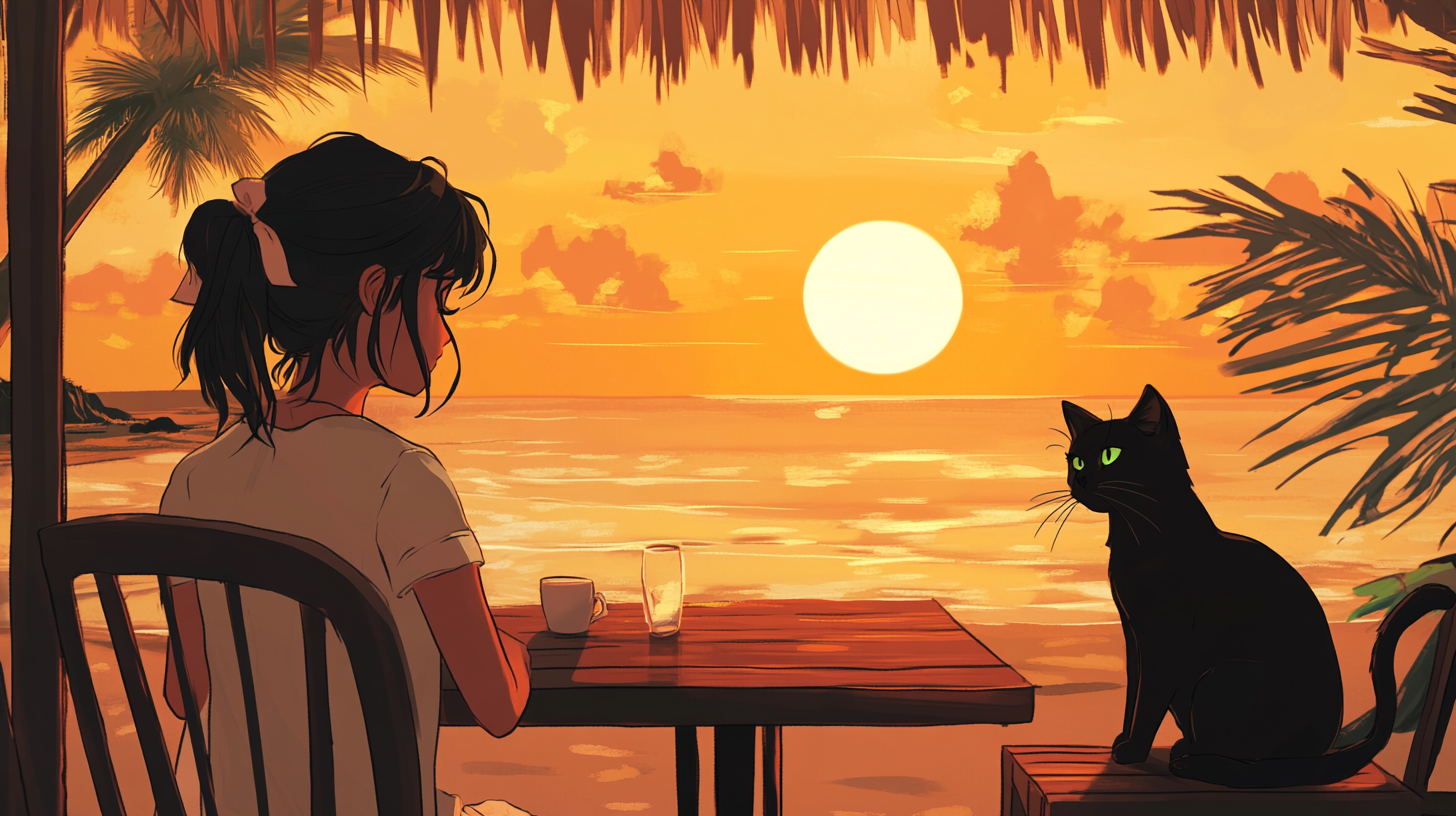 Mia and Alto at beachside café during peaceful sunset.