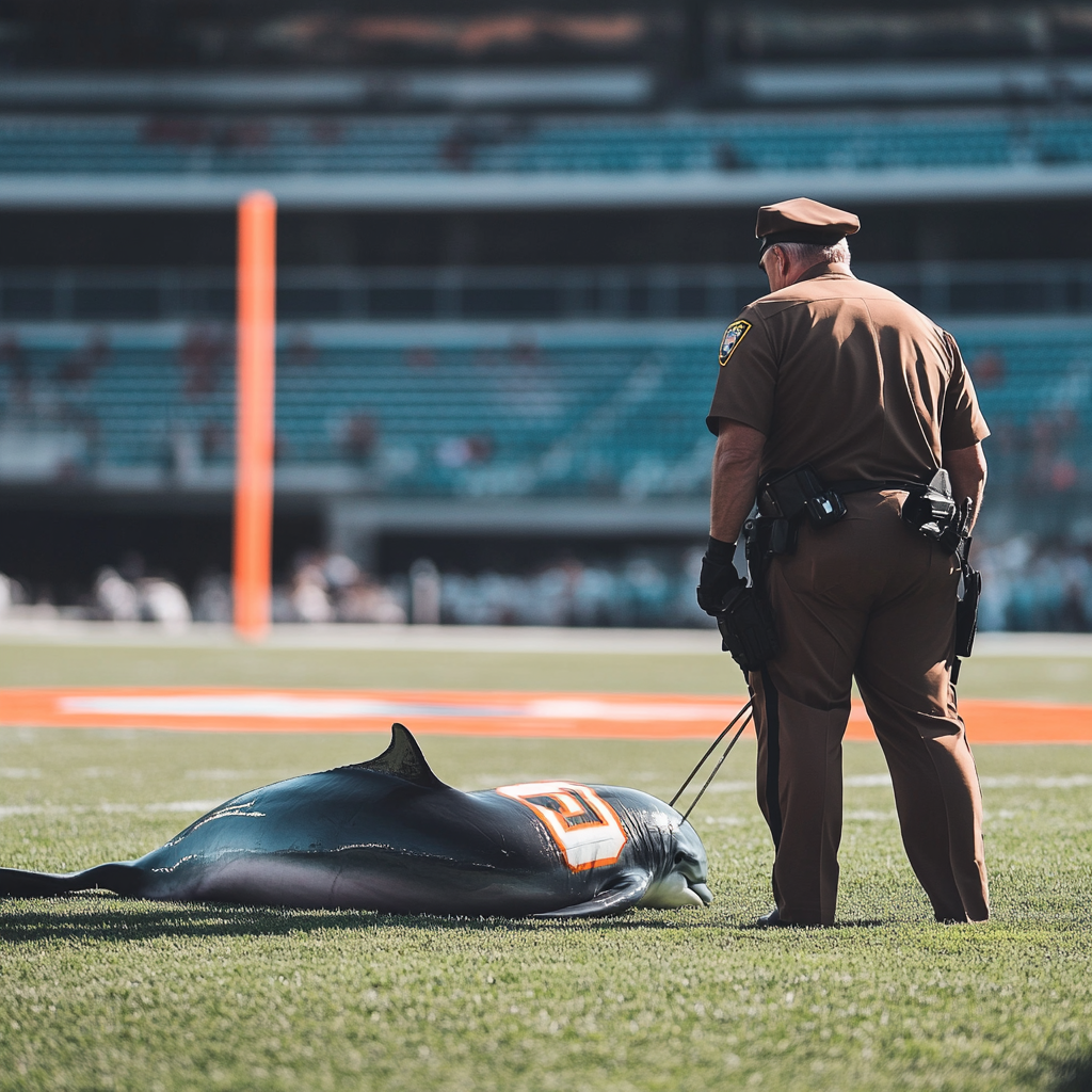 Miami Dolphin dolphin jersey face down handcuffed at stadium.