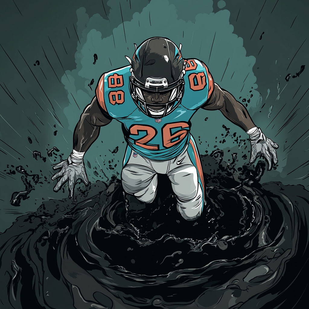 Miami Dolphins player Devon Achane in dark oil.