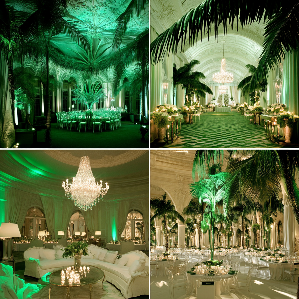 Miami Palm Royale Party Mood Board: Elegant, Green, Old Money, Designer Look, Celebrity Status.