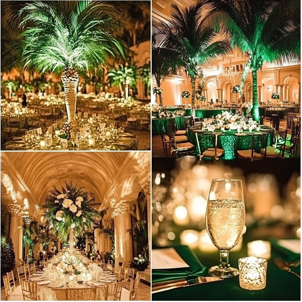 Miami Palm Royale party mood board with elegant decor. Celebrity style.