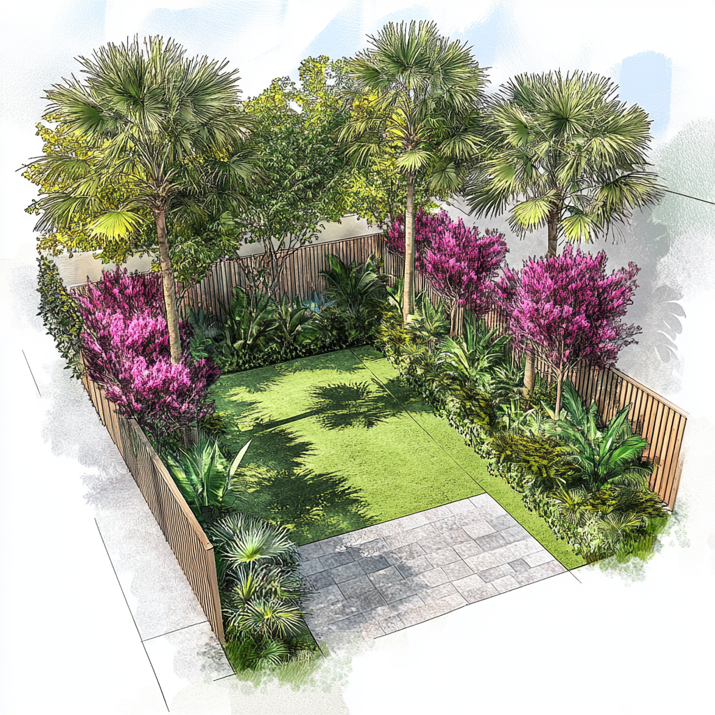 Miami backyard landscape design with native plants & palm trees