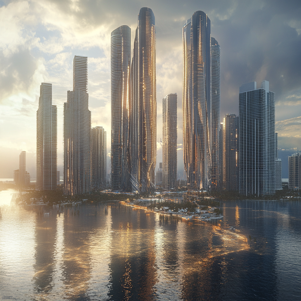 Miami skyline in future dystopia, 20 tall buildings remain.