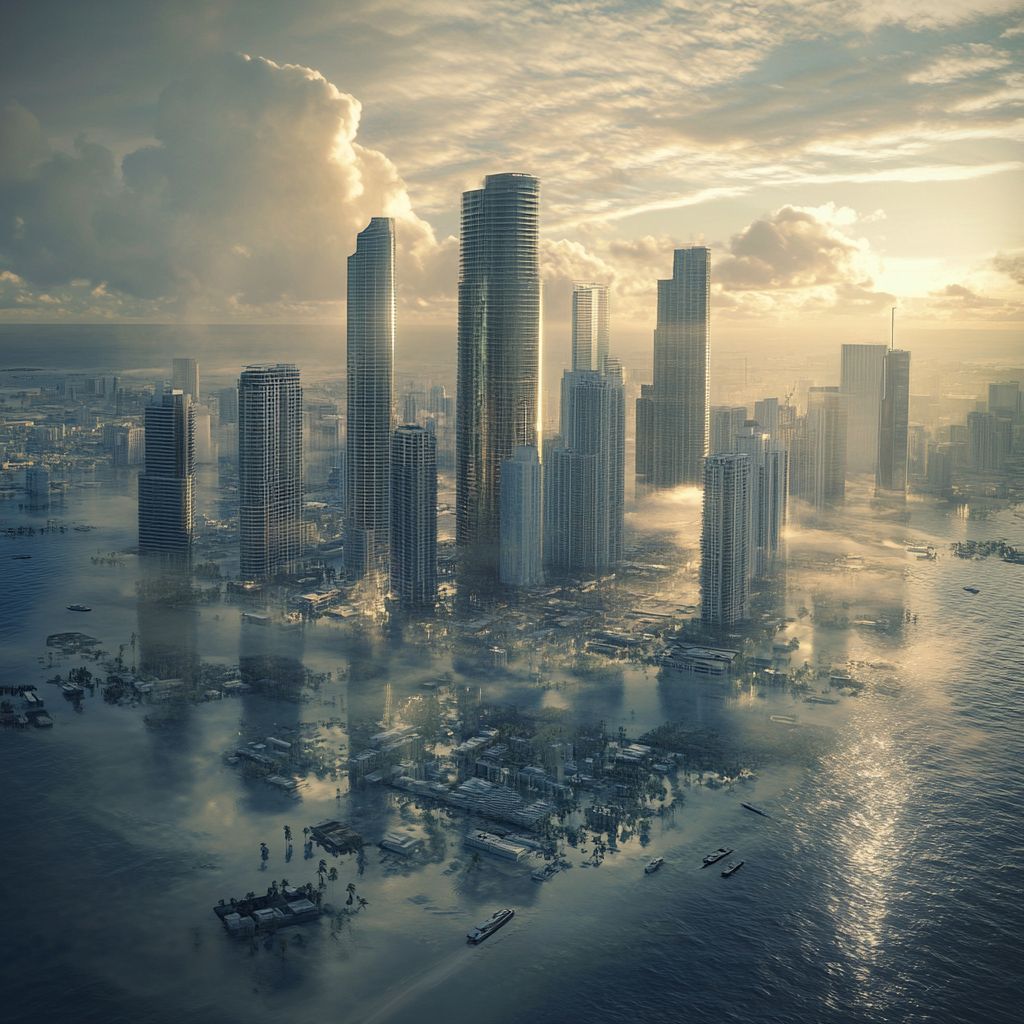 Miami skyline with tallest buildings, ocean water, sky bridges.