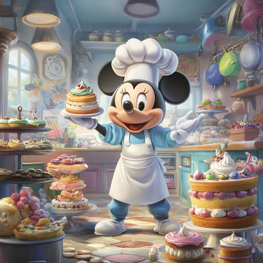 Mickey Mouse is baking in cheerful bakery.