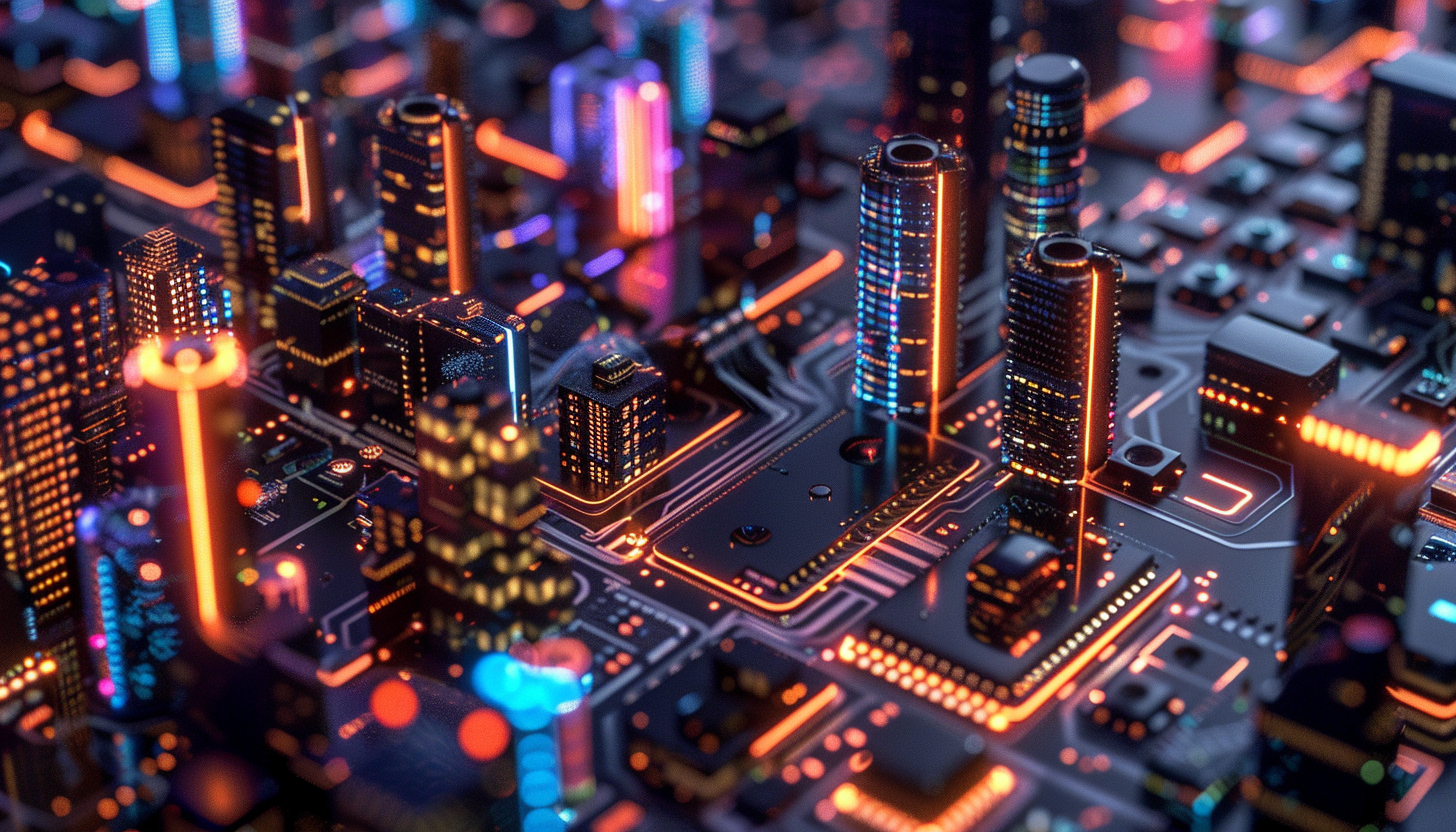 Micro computer data visualization on microchip, vibrant cityscape.