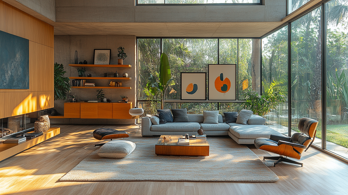 Mid-century blue tone living room with detailed architecture.