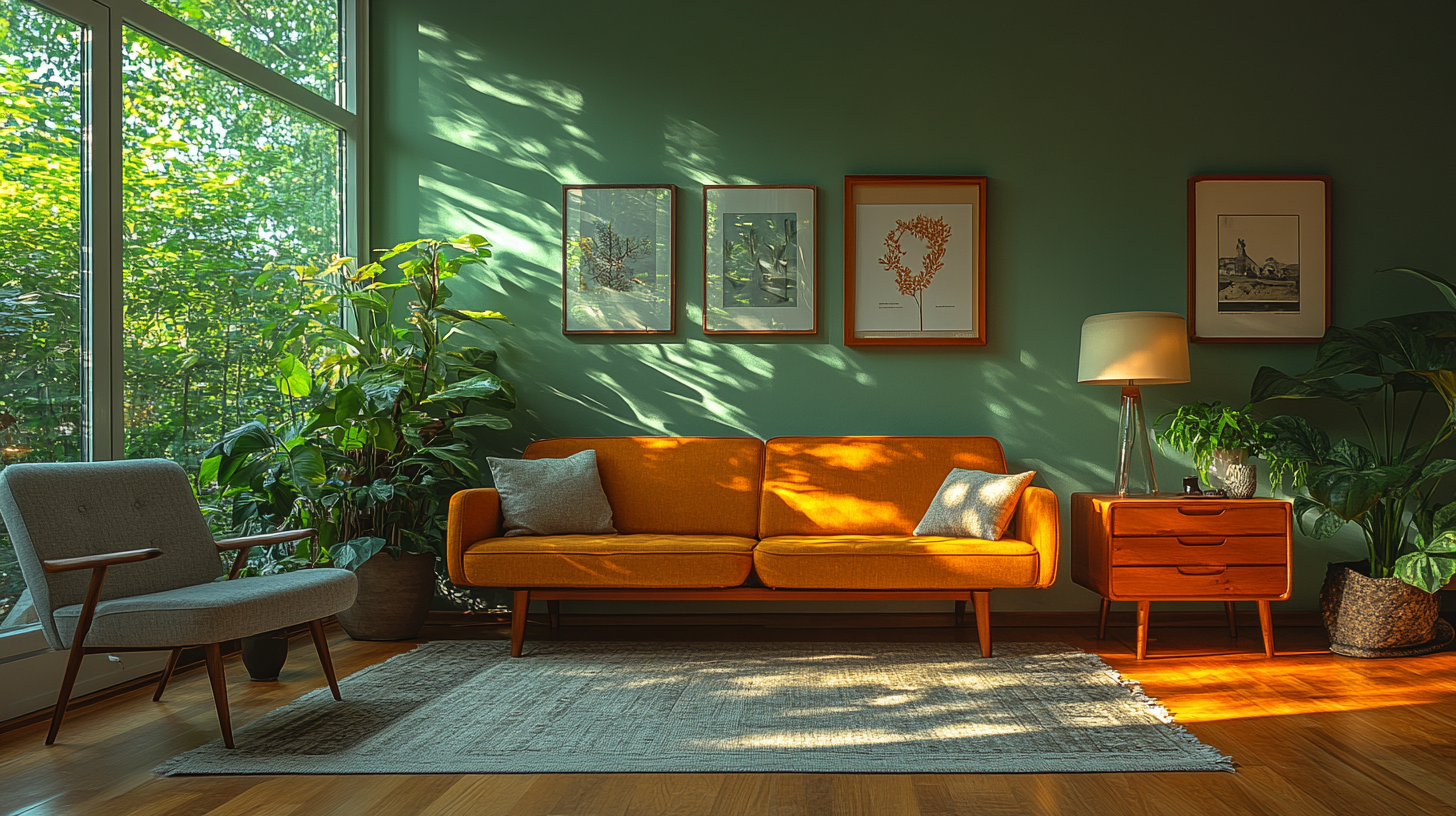 Mid-century green living room architectural photography in 16:9.