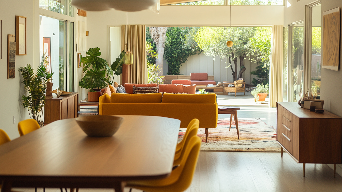 Mid-century living room and dining table photo. Bright.