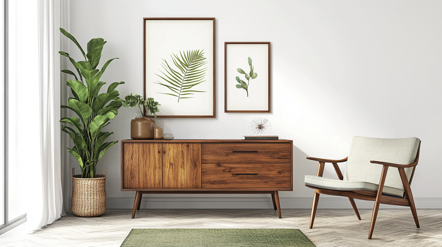 Mid-century modern interior with framed art, wood furniture, plant.