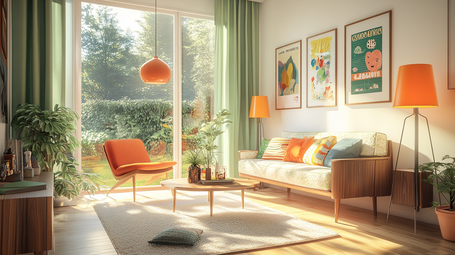 Mid-century modern living room with vibrant colors and plants.