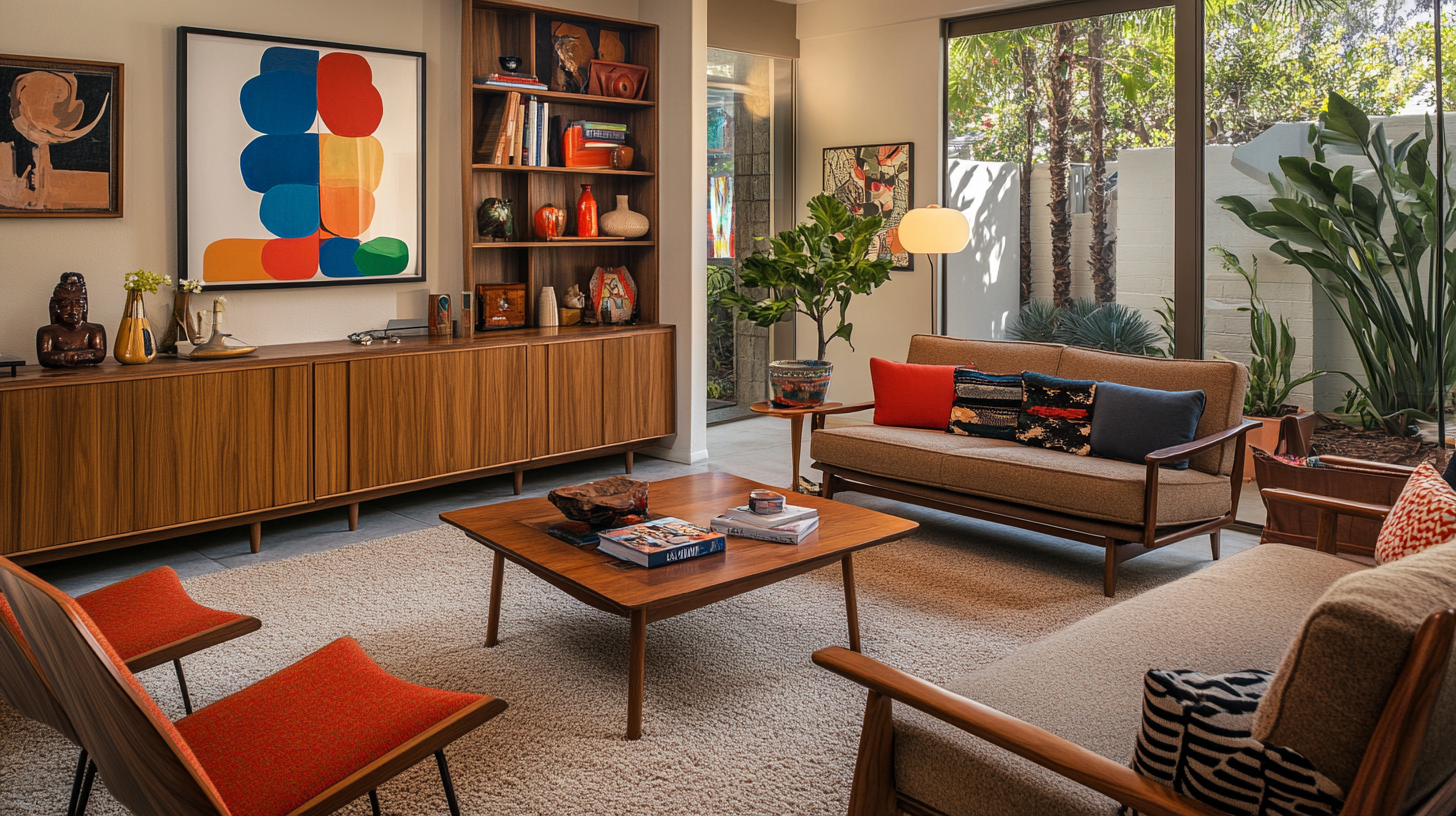 Mid-century modern living room with warm lighting.