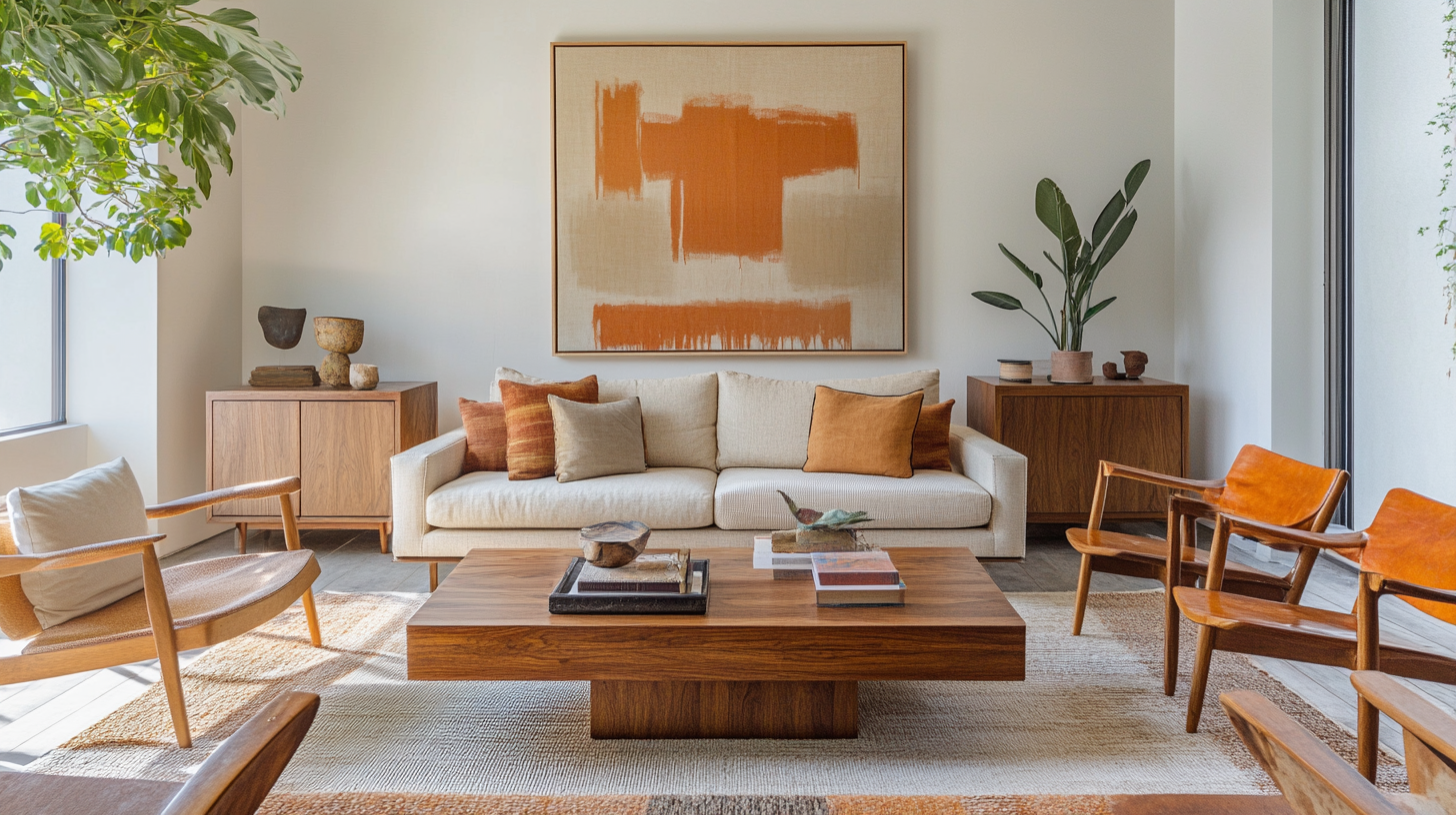 Mid-century modern living room with wood cabinets, orange accents