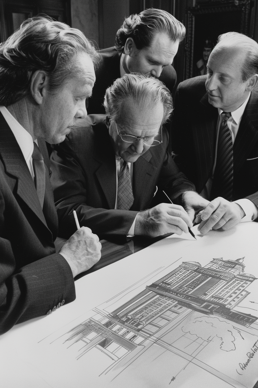 Middle-Aged Group Drawing a Bank Building Together