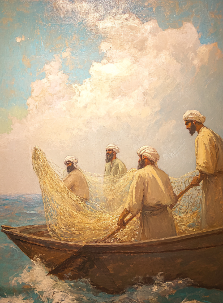 Middle Eastern Fishermen Pulling Nets: A Peaceful Scene