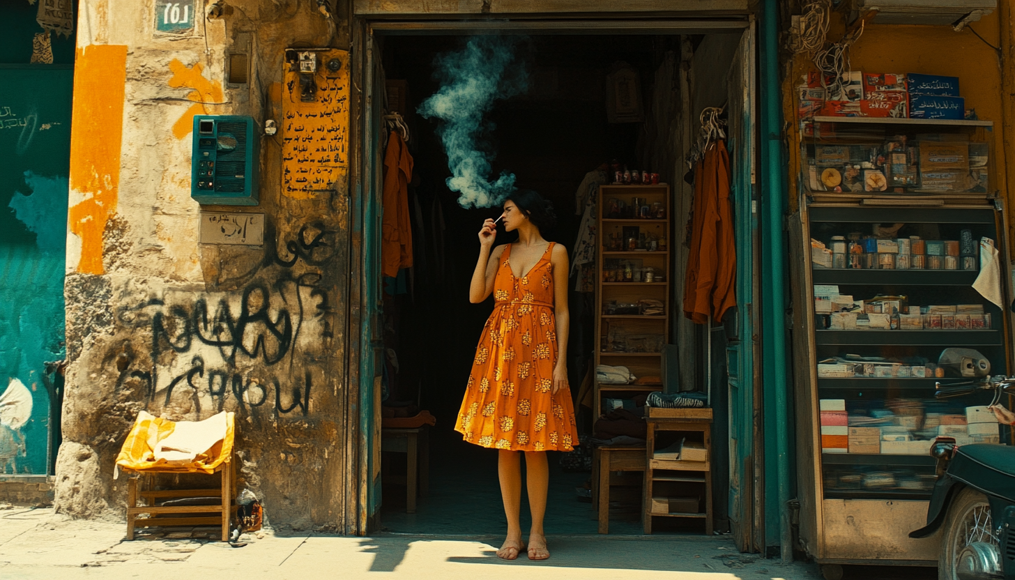 Middle Eastern clothing shop, woman smoking in sundress