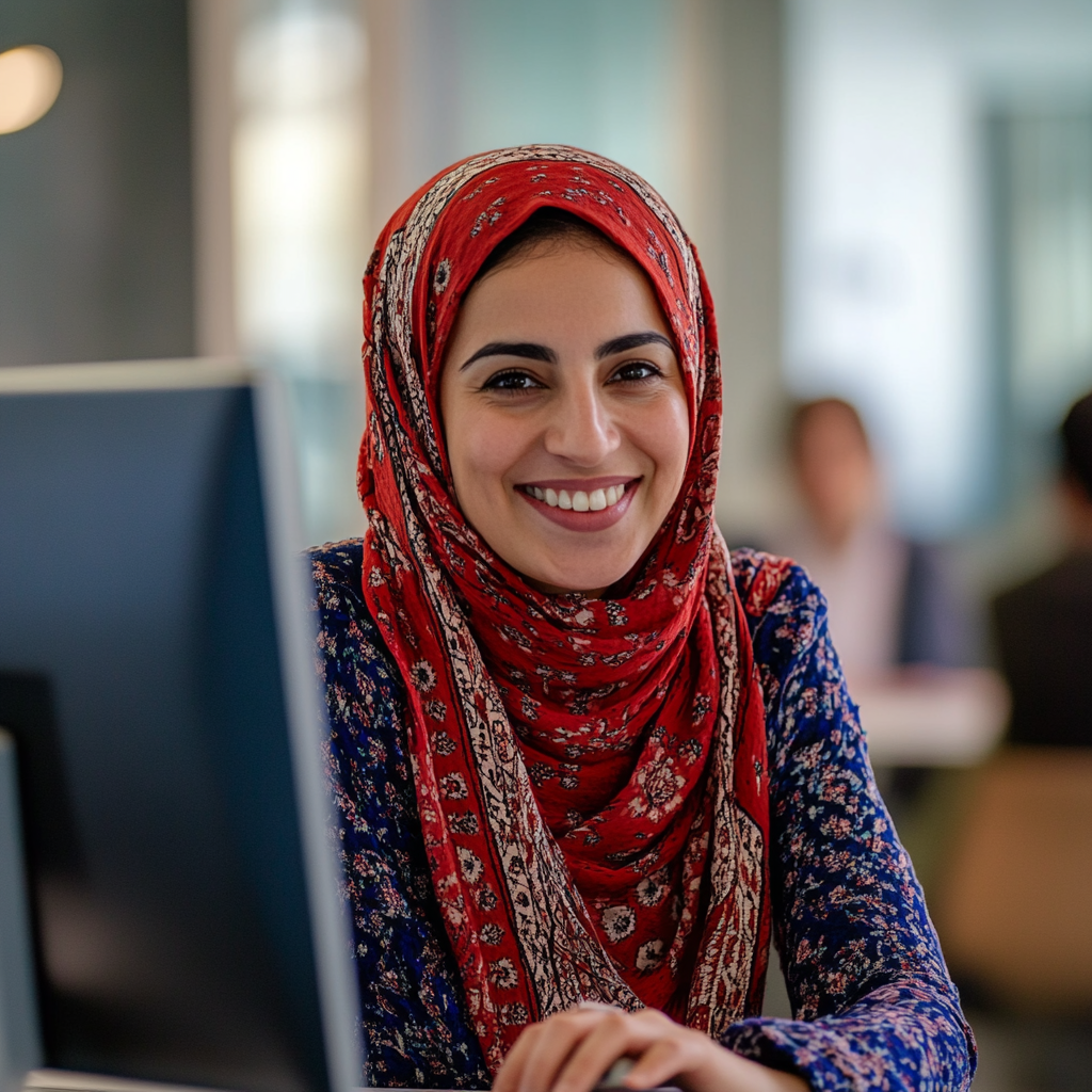 Middle Eastern woman smiling during virtual community meeting.