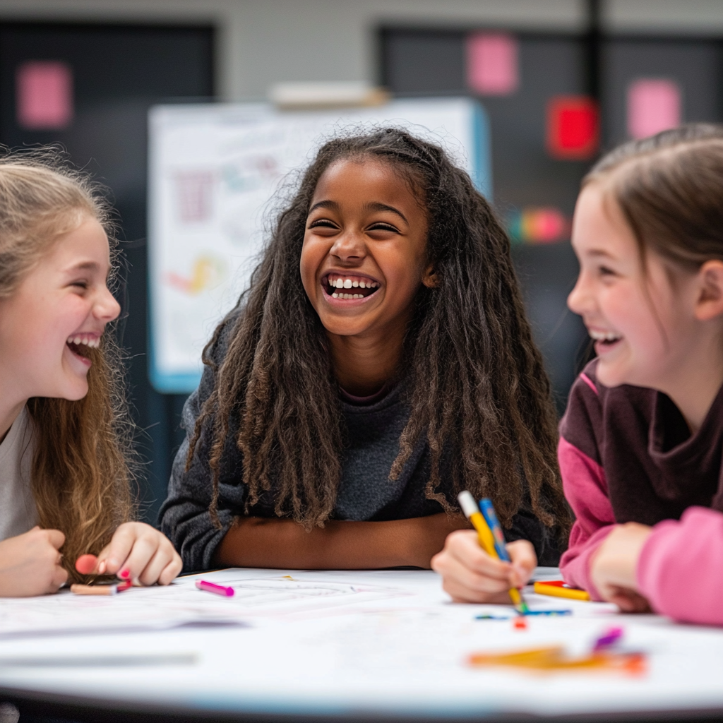 Middle School Kids Color and Laugh with Teacher