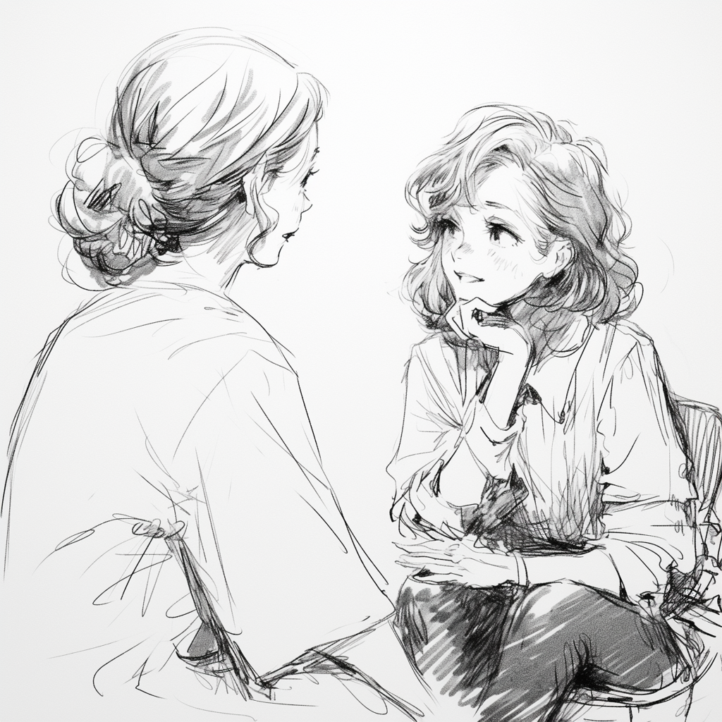 Middle age lady talking to young lady, sketch drawing.