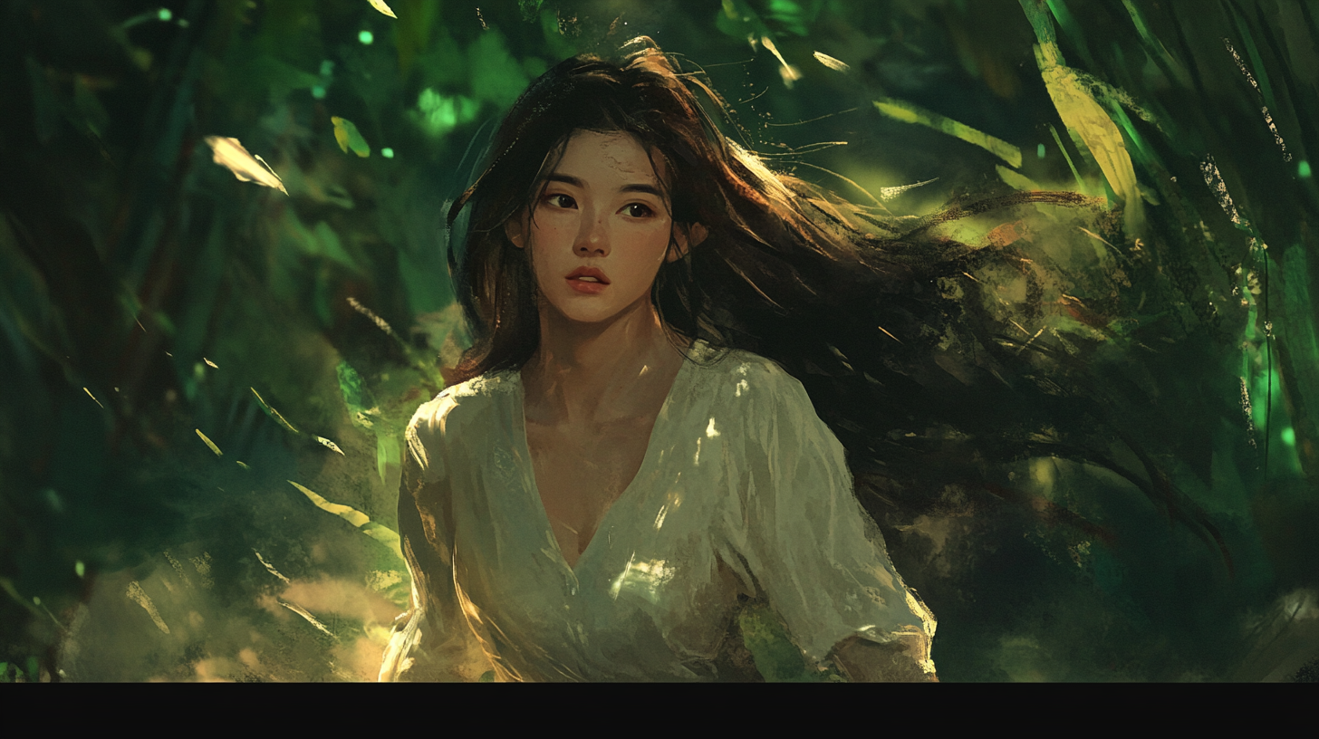 Middle-aged Asian Sorceress in Windy, Dark Forest