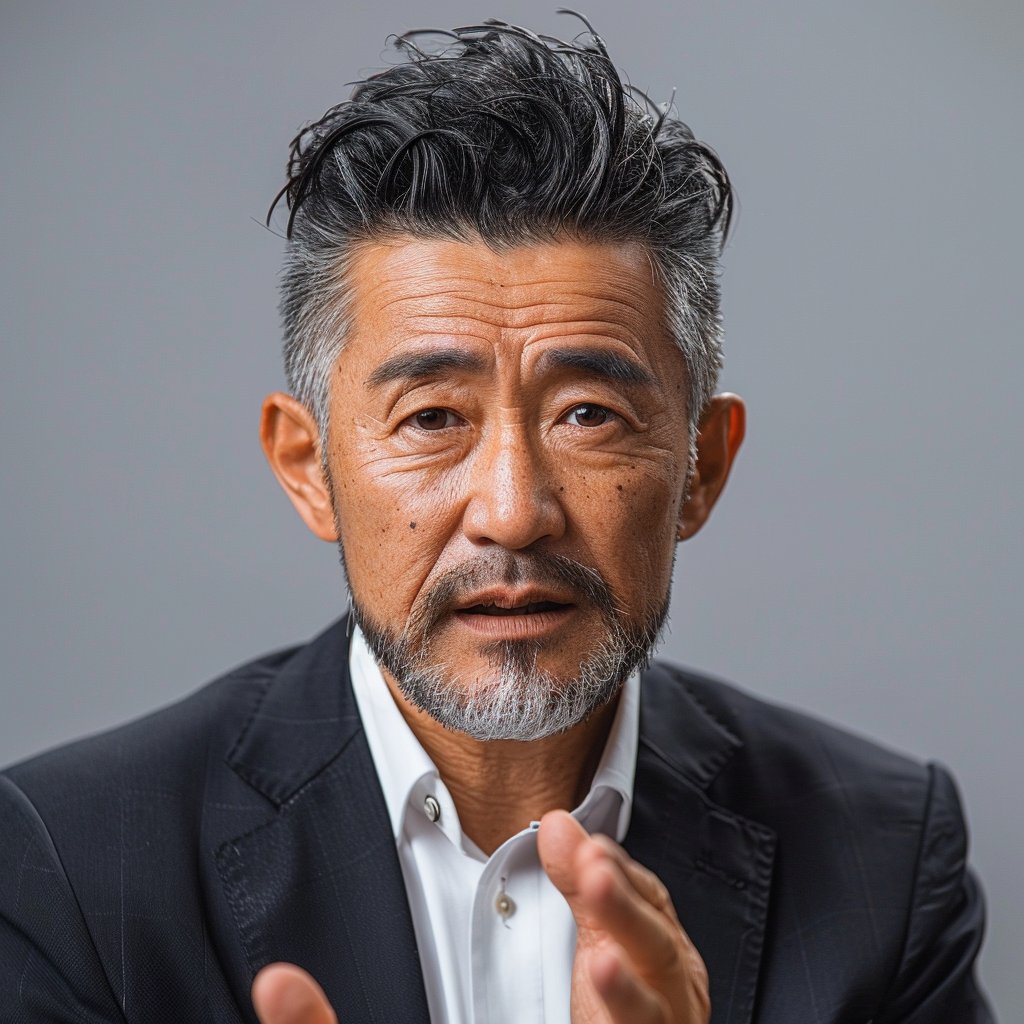 Middle-aged Asian man in suit giving lecture.