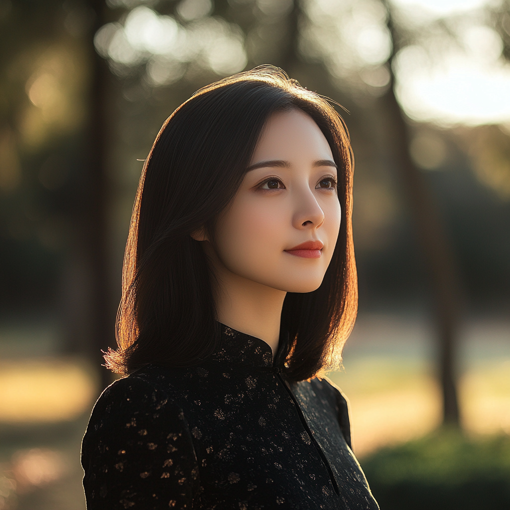 Middle-aged Chinese woman poses in park