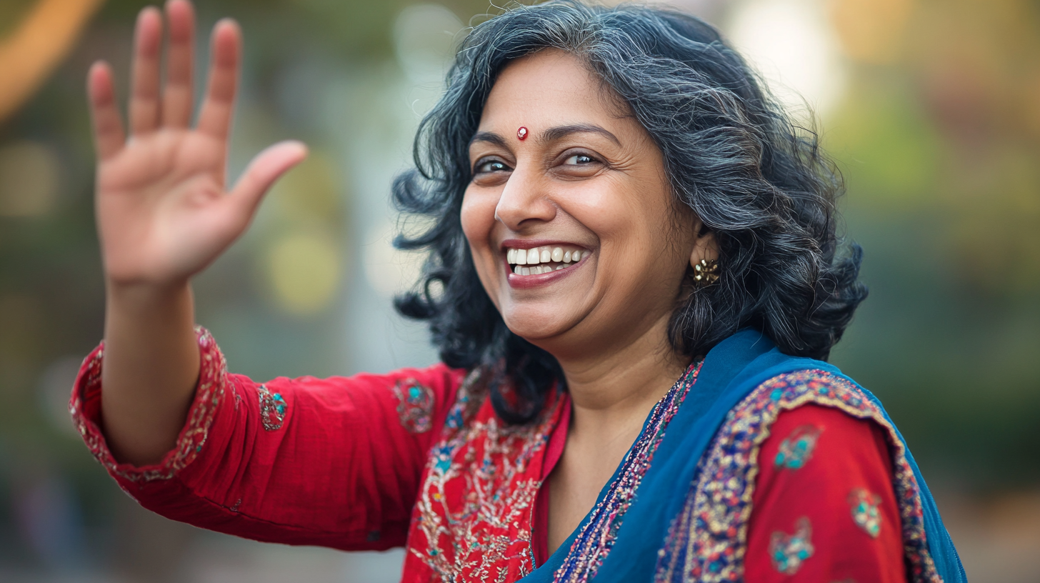 Middle aged Indian woman celebrates small win with smile.