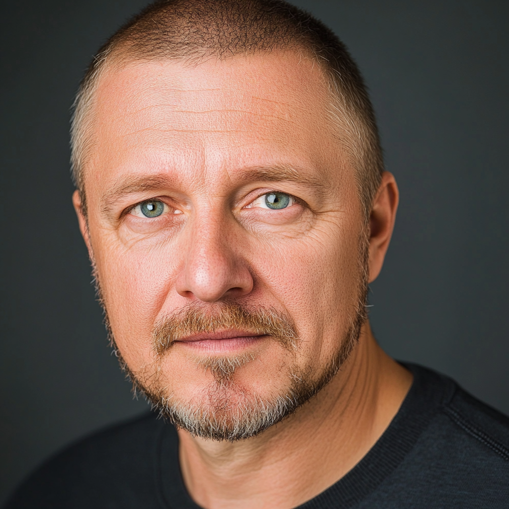 Middle-aged Italian man with greenish-blue eyes.