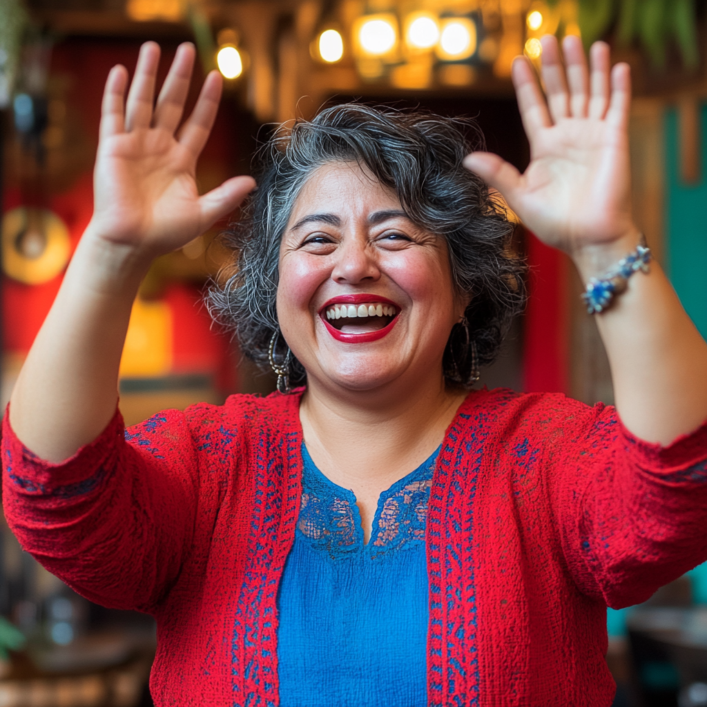 Middle-aged Mexican woman smiling after small victory. Excited, playful.