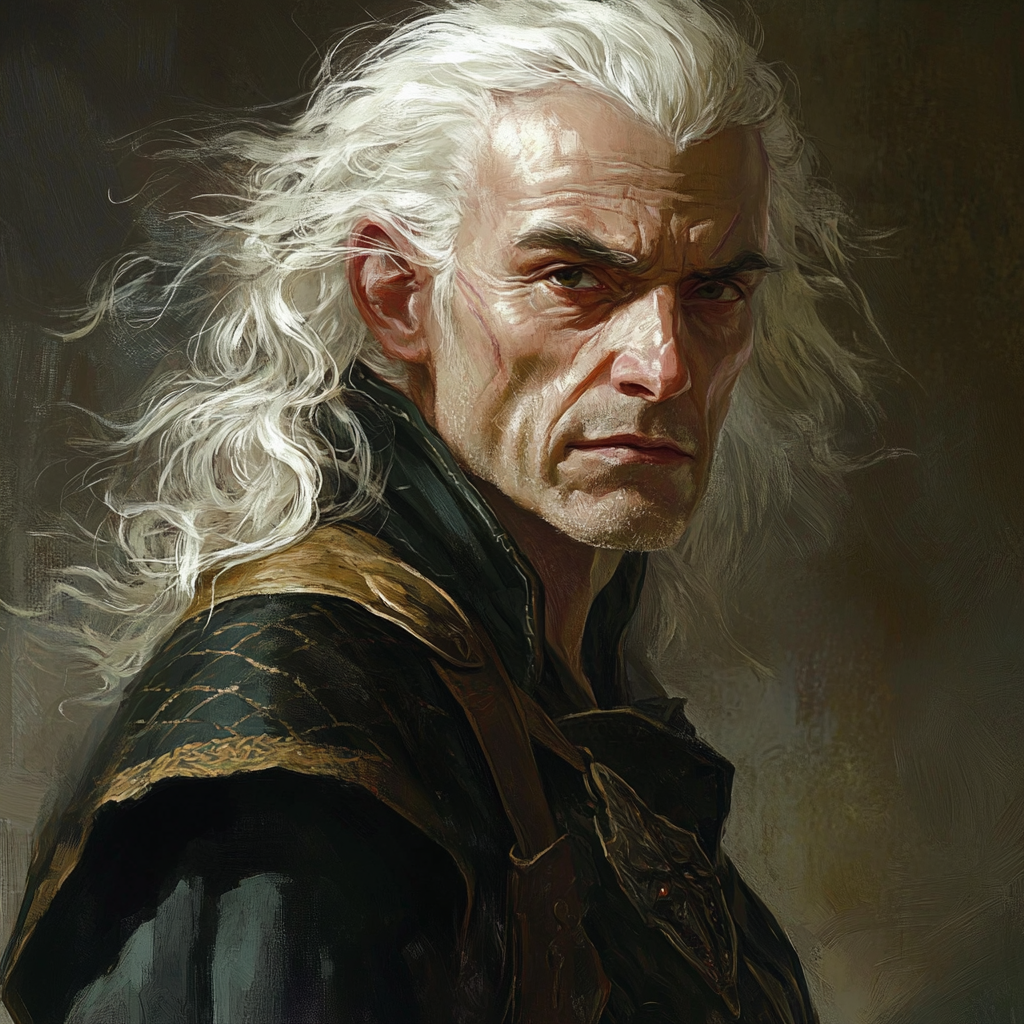 Middle-aged aasimar male with frizzy white hair confidently preparing to make a deal.