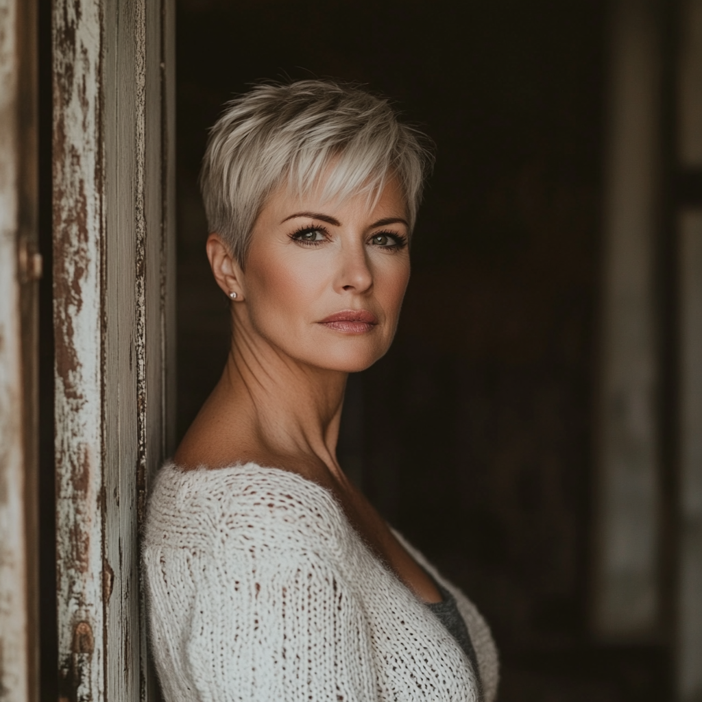 Middle-aged blonde woman leaning against old doorway full body shot