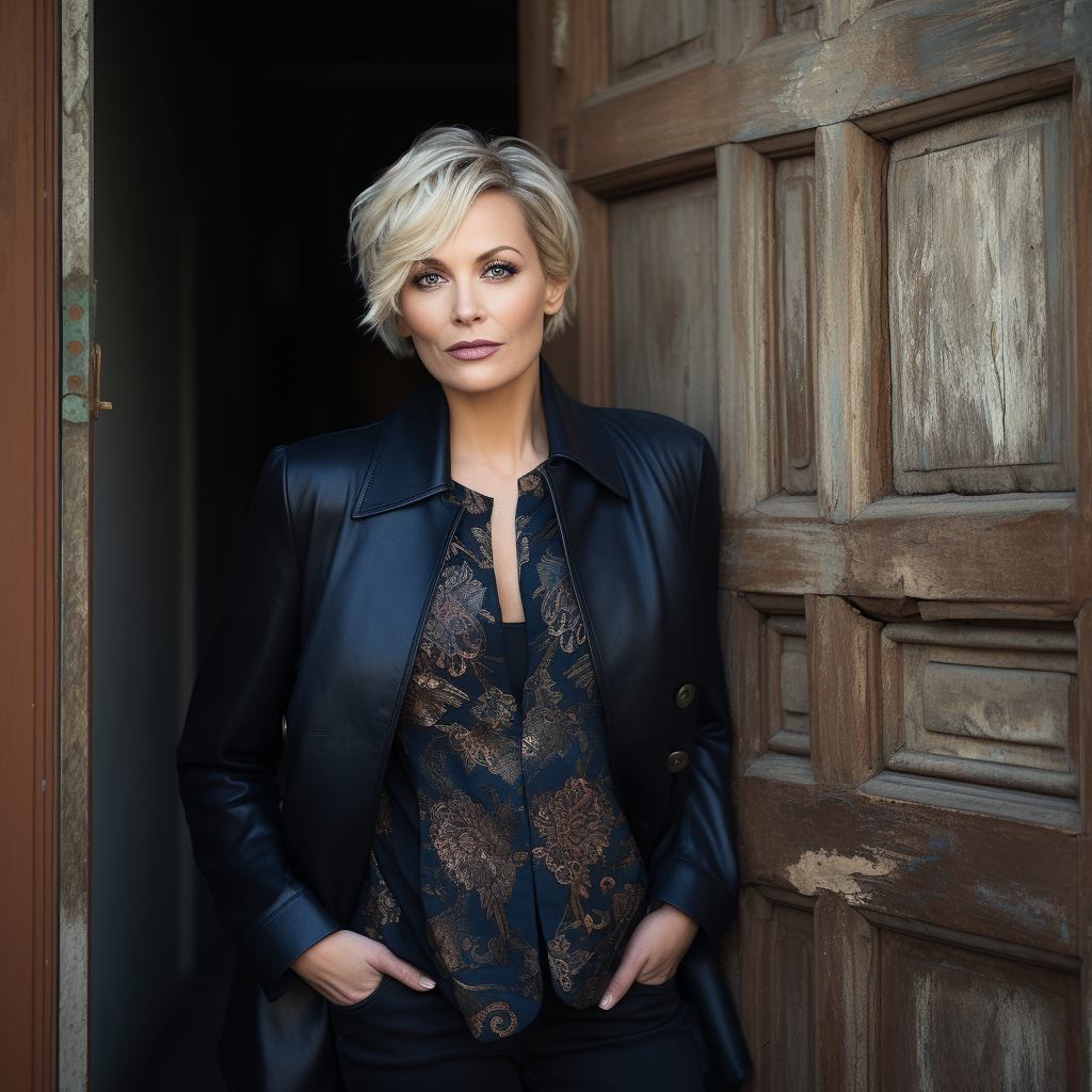 Middle-aged blonde woman posing against old doorway 