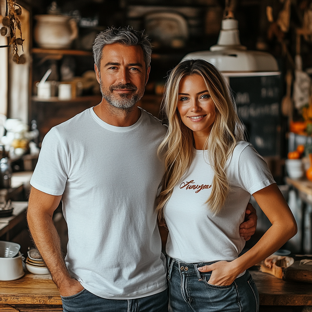 Middle aged couple posing in modern kitchen mockup.