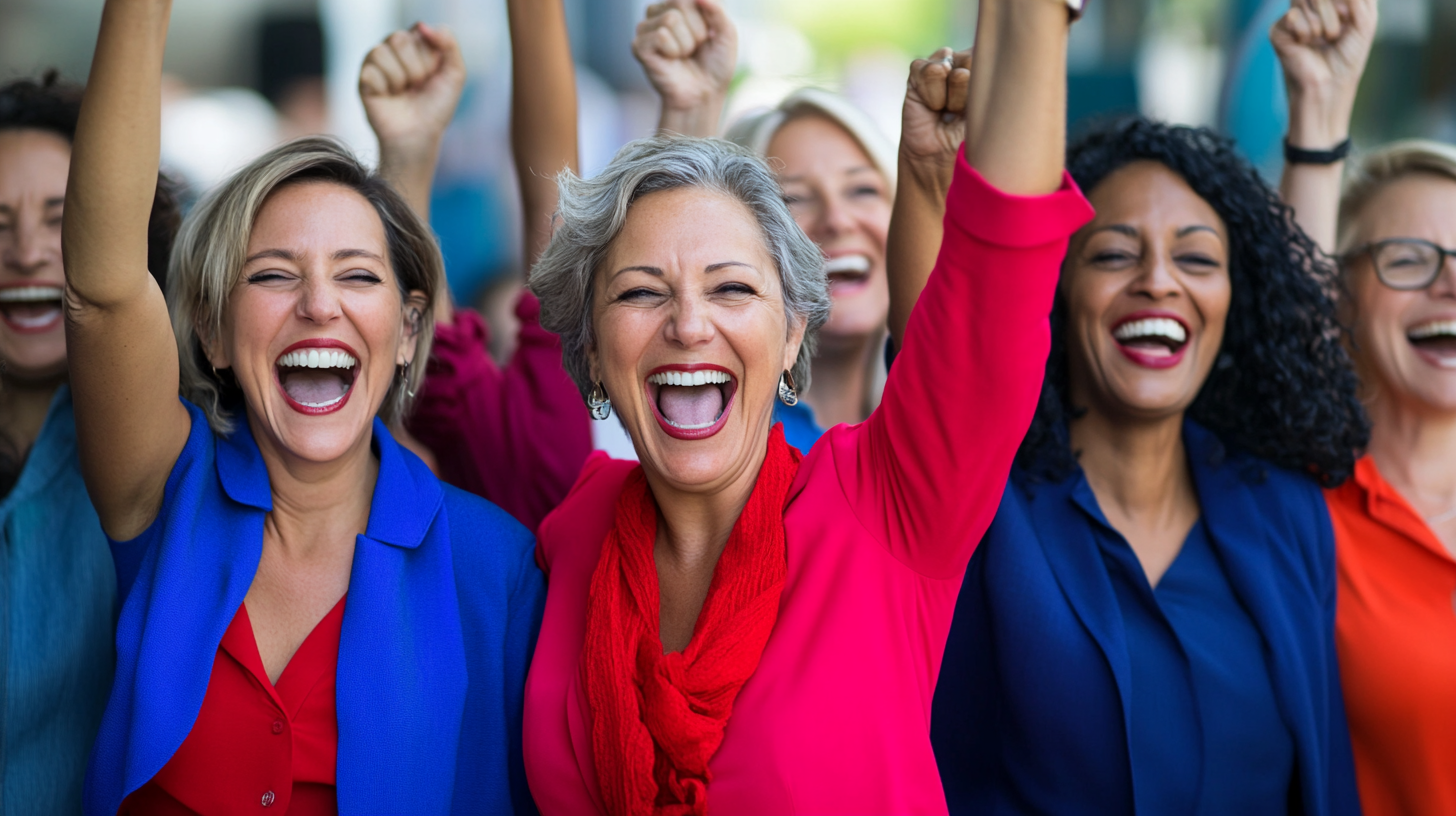 Middle aged diverse businesswomen celebrating a small win happily.