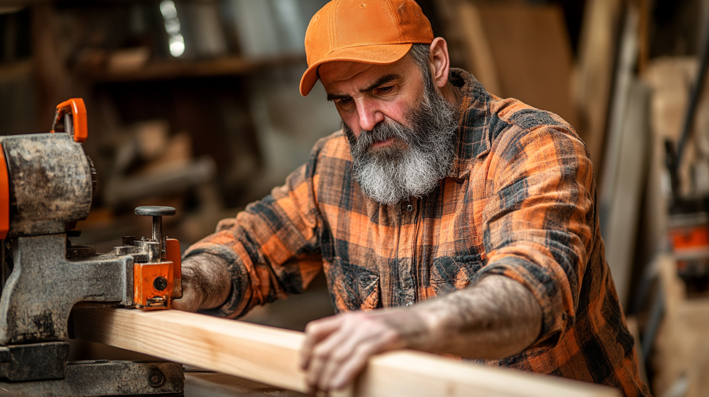 Middle aged farmer with beard making staircase railing.