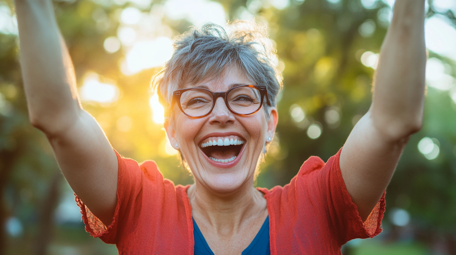 Middle-aged lesbian celebrating win, smiling widely, playful attitude.