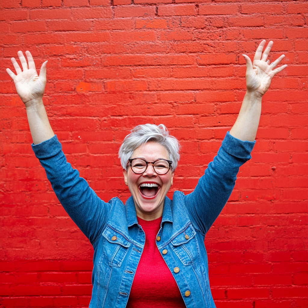 Middle aged lesbian woman celebrating small win, smiling big.