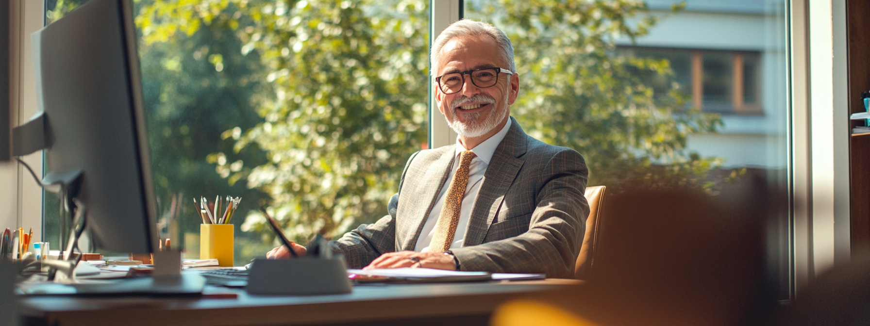 Middle-aged male boss enjoying sunshine at clean desk.