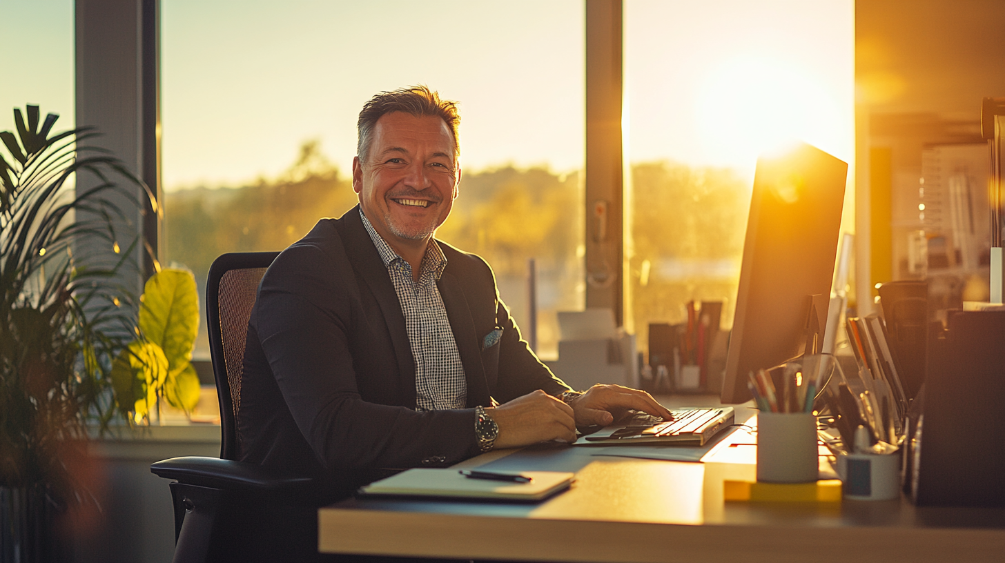 Middle-aged male boss smiling at desk, enjoying sunshine.