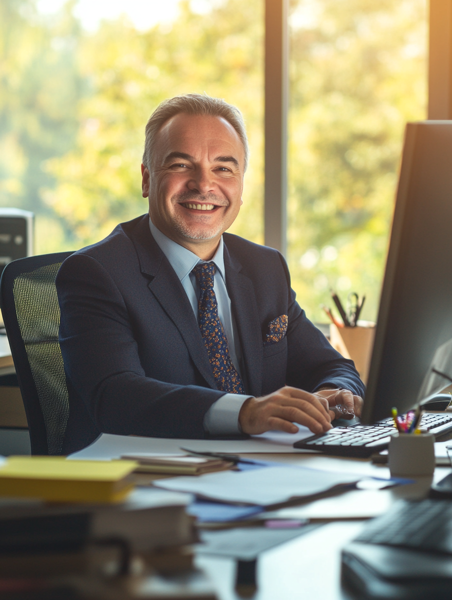 Middle-aged male boss smiling at desk in sun.