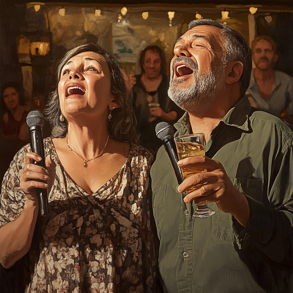 Middle aged man and woman singing at karaoke event.