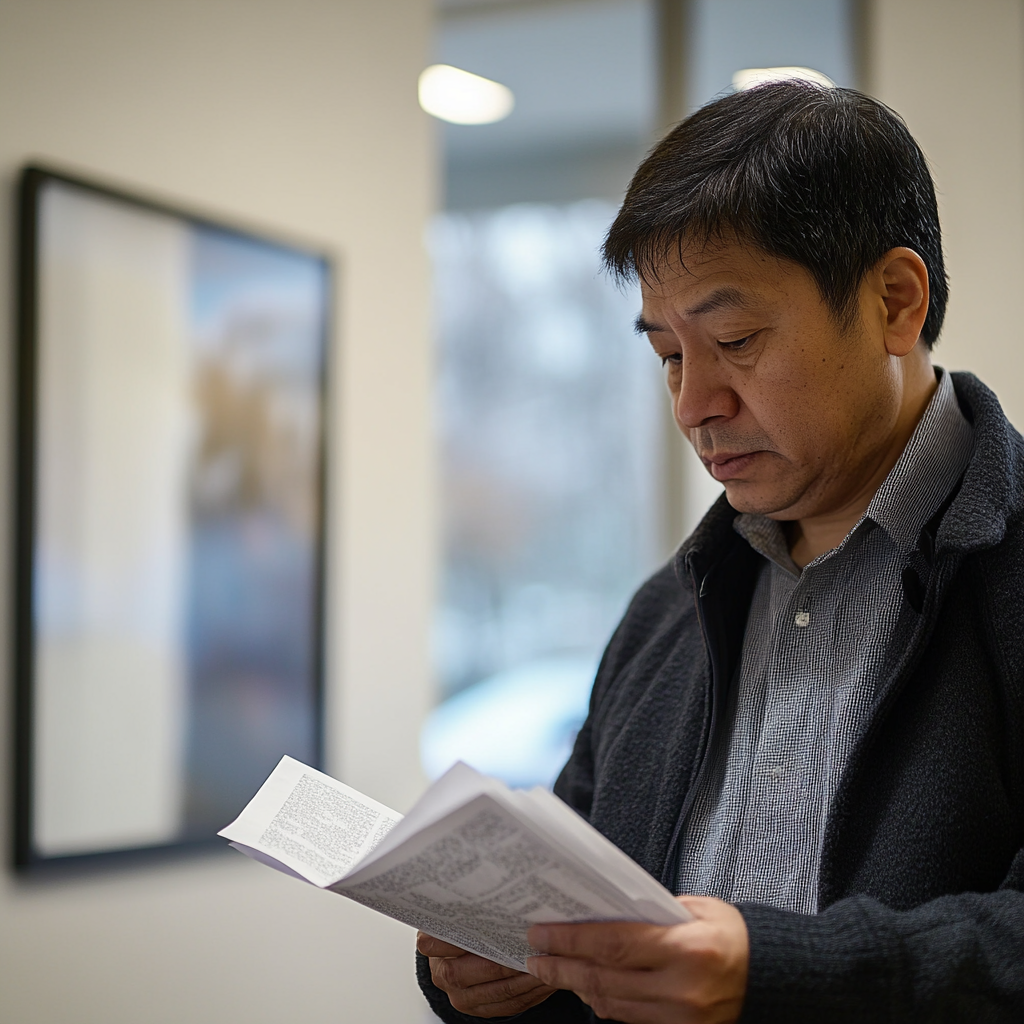 Middle-aged man in waiting room reading pamphlet