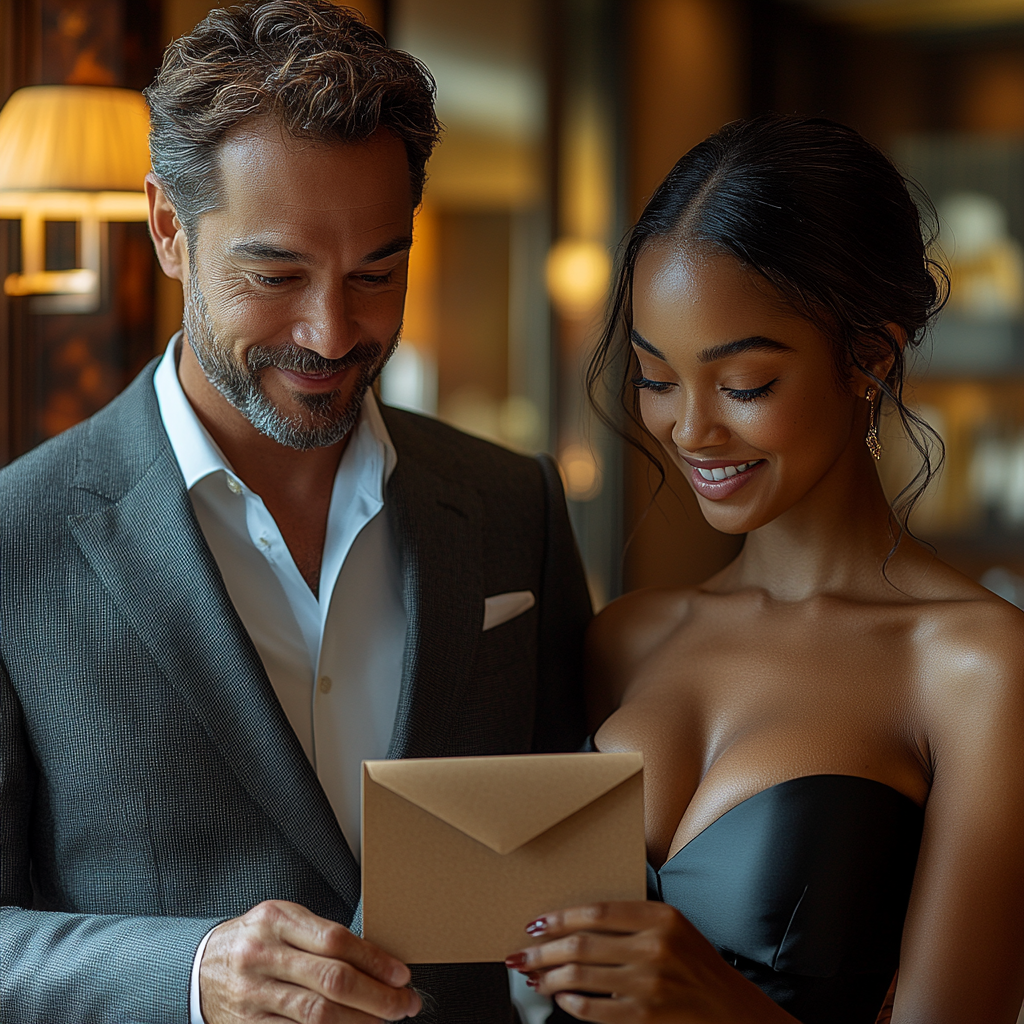 Middle-aged man places envelope in stylish hotel room & car.