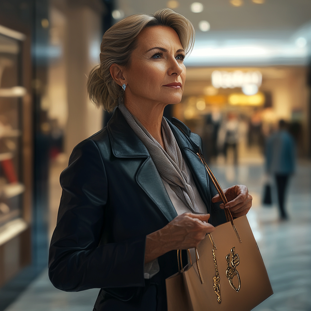 Middle-aged mom shopping for luxury accessories in mall