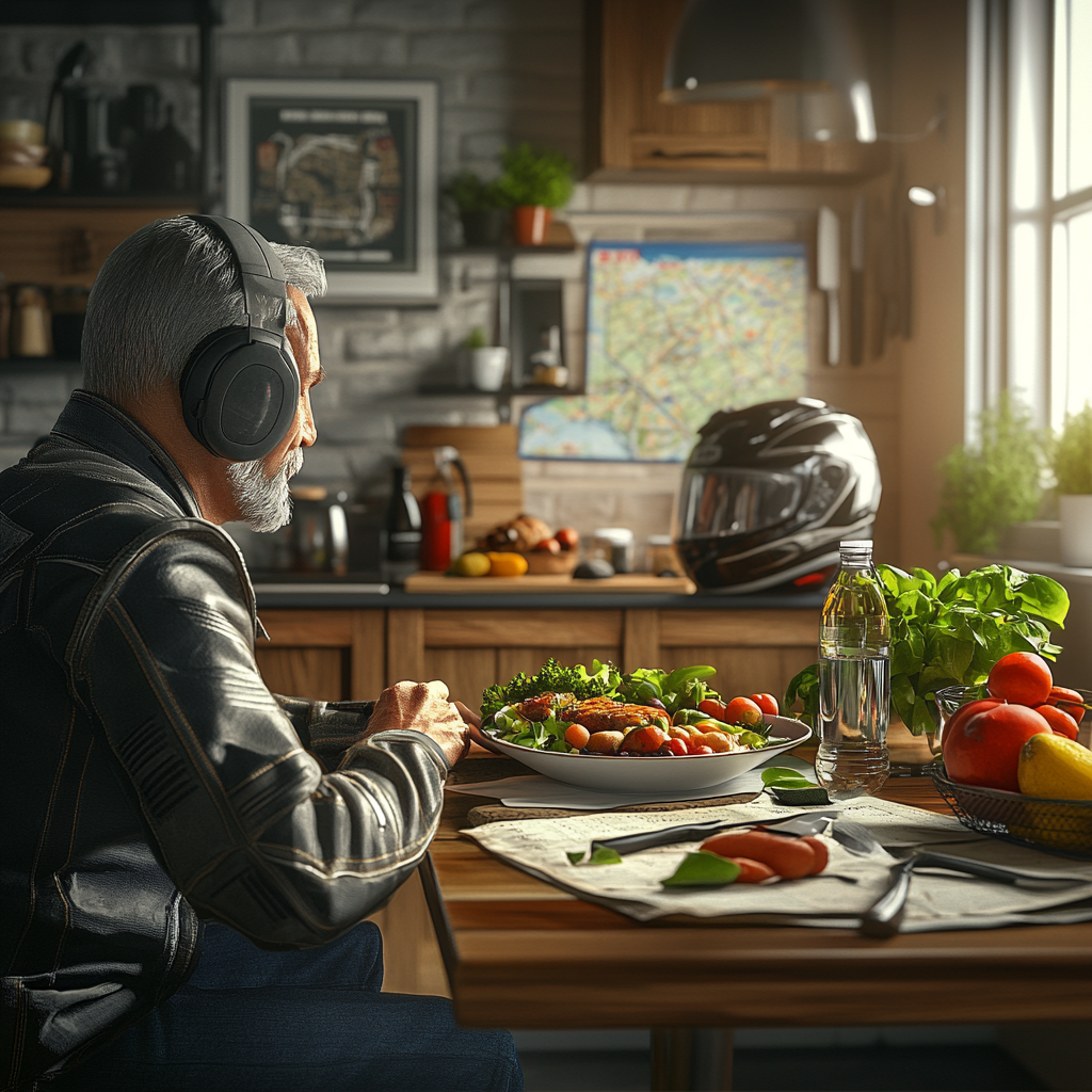 Middle-aged motorcyclist in dining area with balanced meal.