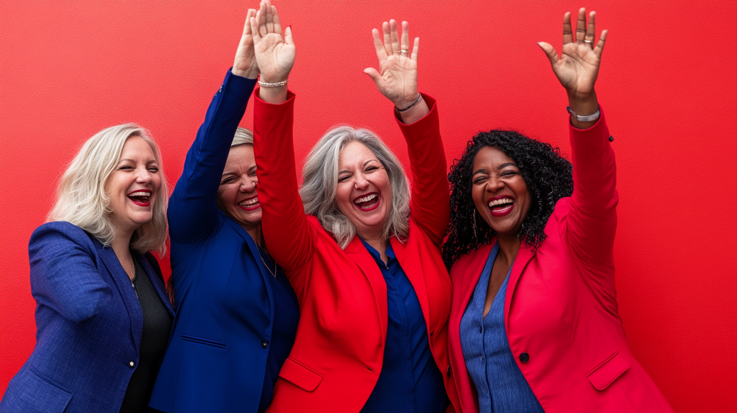 Middle-aged plus-size businesswomen celebrate by high-fiving joyfully.