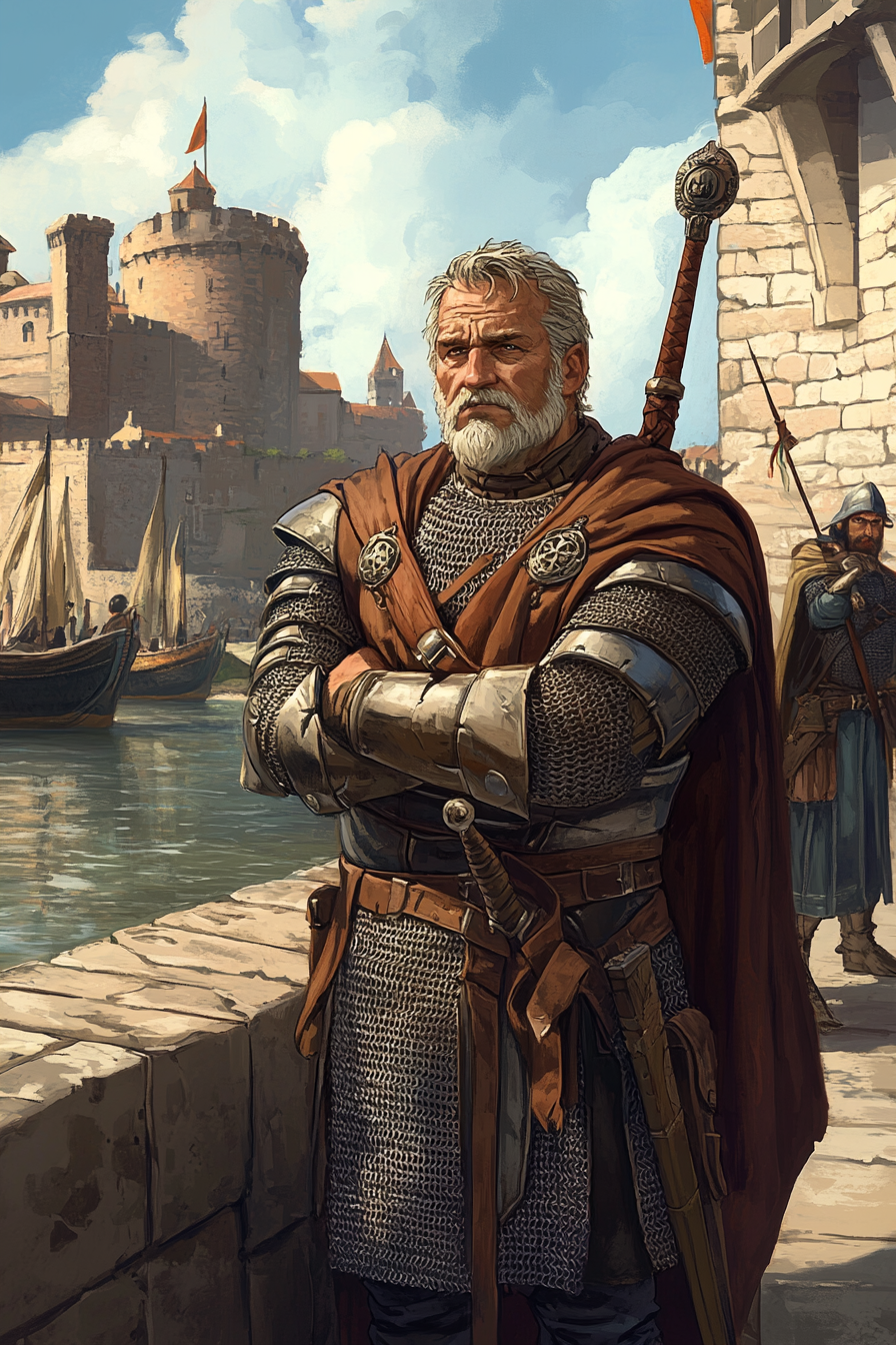 Middle-aged sergeant in chainmail armor waits at river docks.